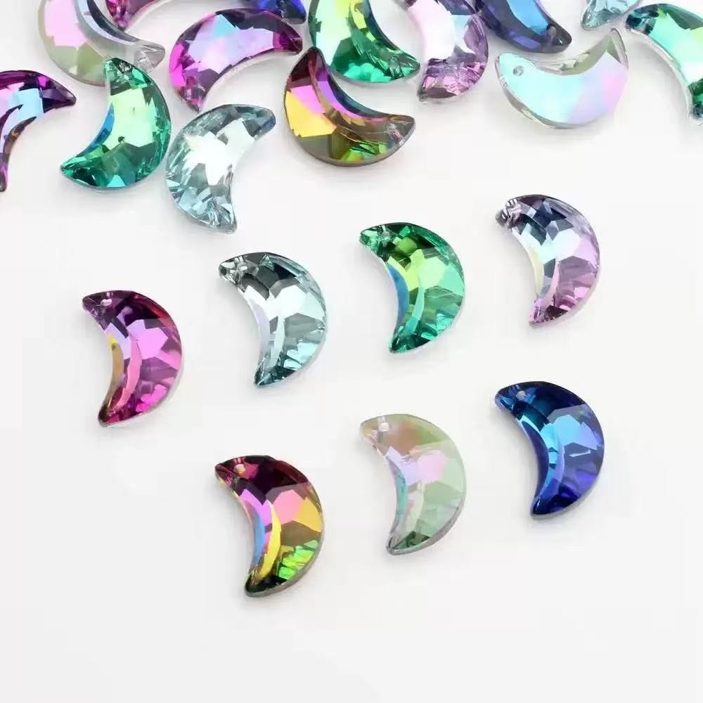12Pcs Faceted Mixed Multicolor Crystal Moon Pendant Bead 20x10x6mm