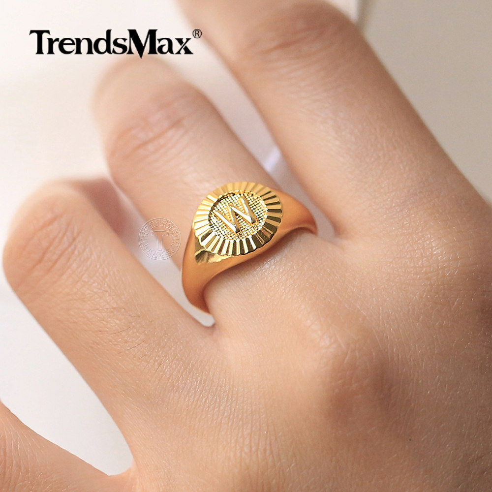Gold Plated Monogram Letter A-Z Signet Ring Initial Alphabet Knuckle US Size 7