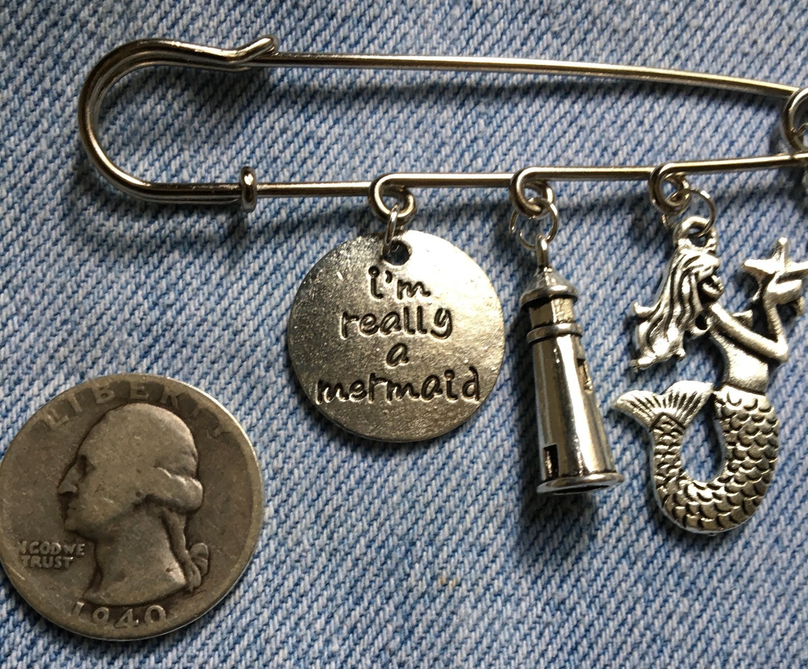 3″ BIG SAFETY PIN w/ BEACH THEME CHARMS – Hanging Lighthouse Mermaid ++