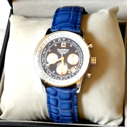 Krug Baumen Mens Air Traveller Diamond Silver – Blue Leather Watch with box