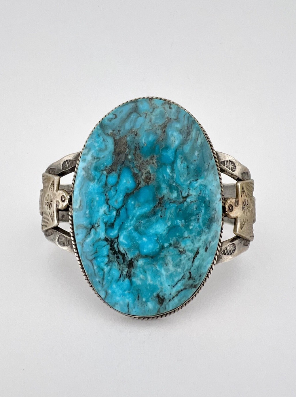 Fred Harvey Navajo Sterling Silver Kingman Turquoise Thunderbird Cuff Bracelet