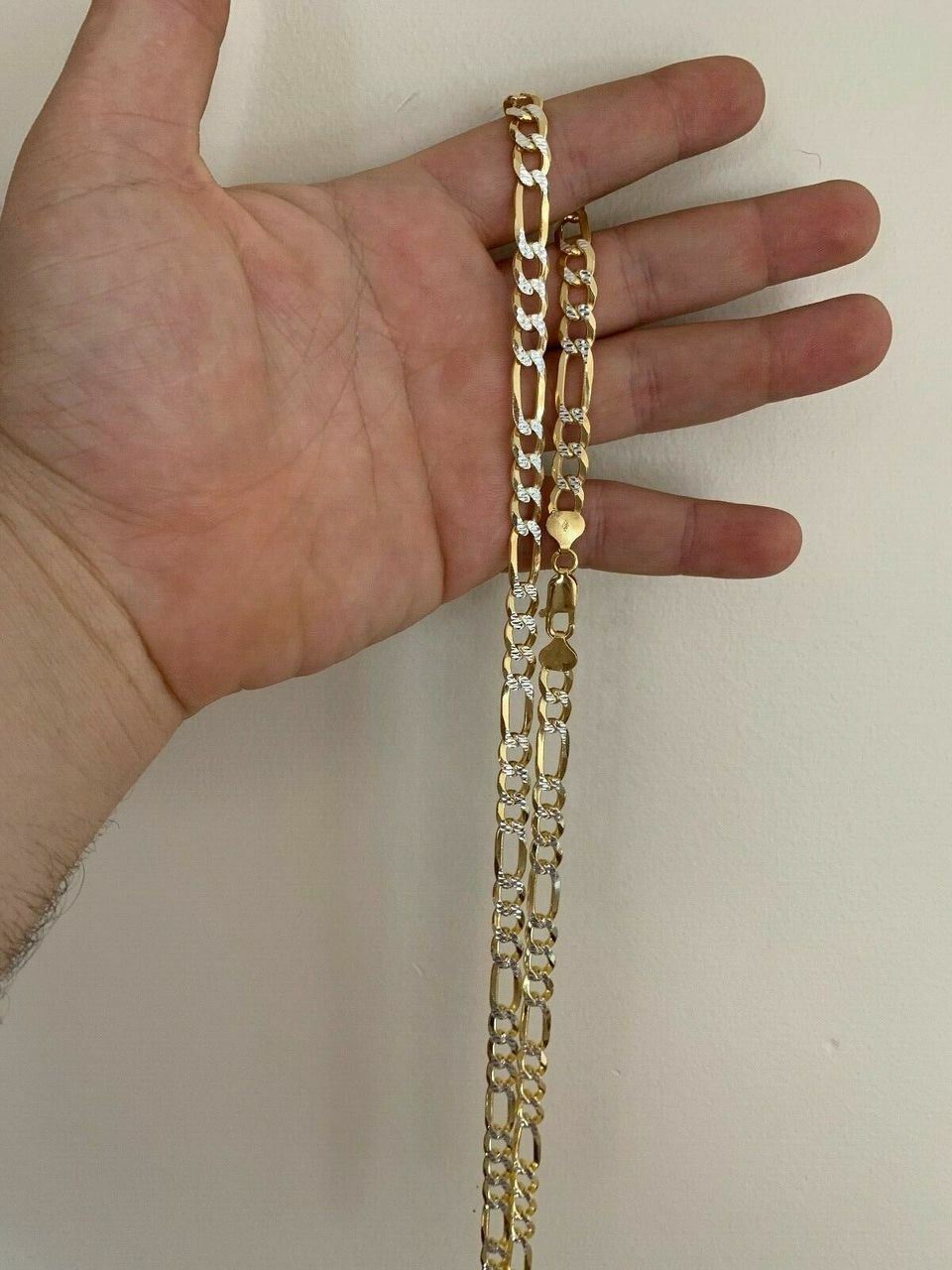 Mens 8mm 14k Gold Plated Solid Sterling Silver Figaro Chain Two Tone Diamond Cut