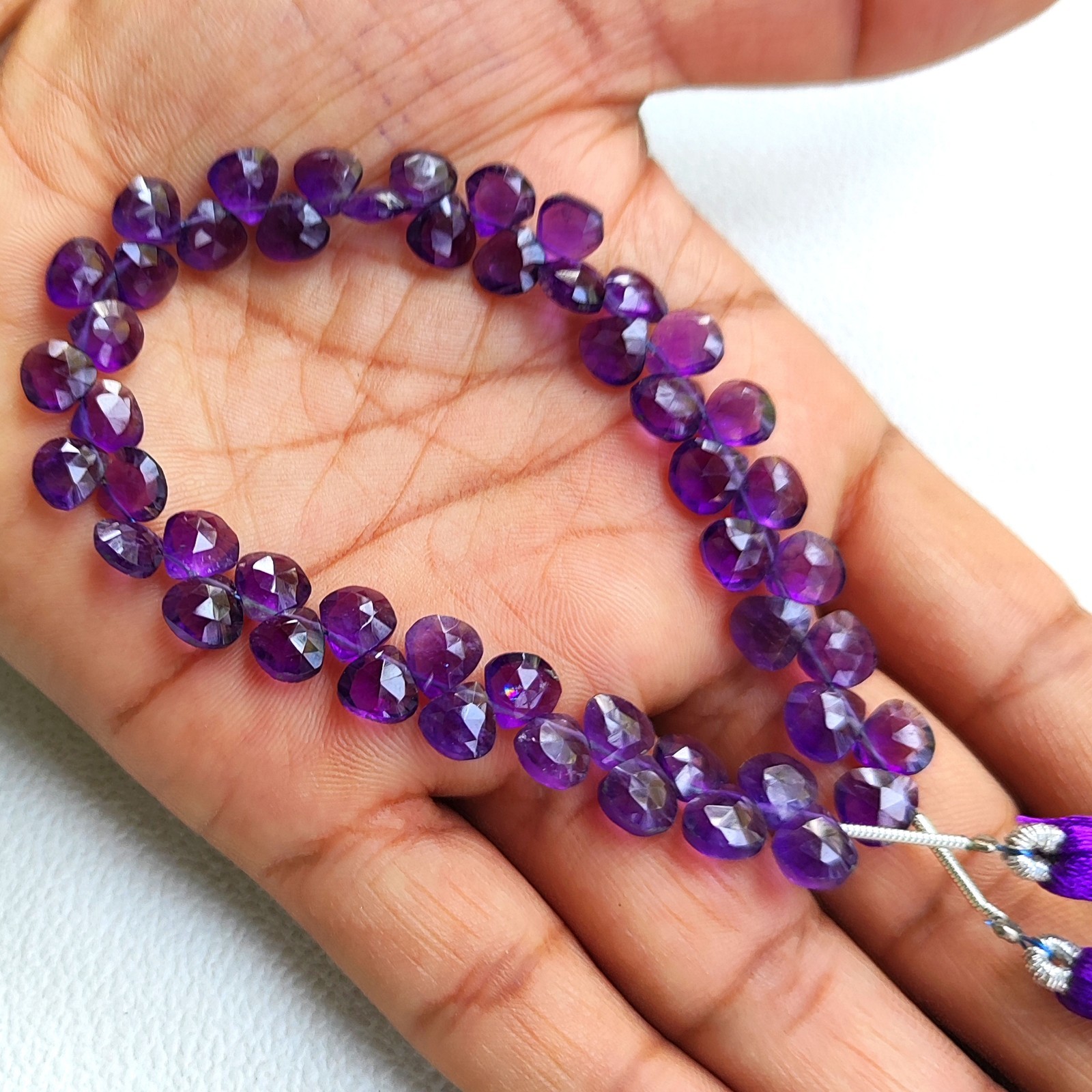 7mm Amethyst Faceted Heart Shape Beads 7.5 Inch Strand Brazil Natural Gemstones