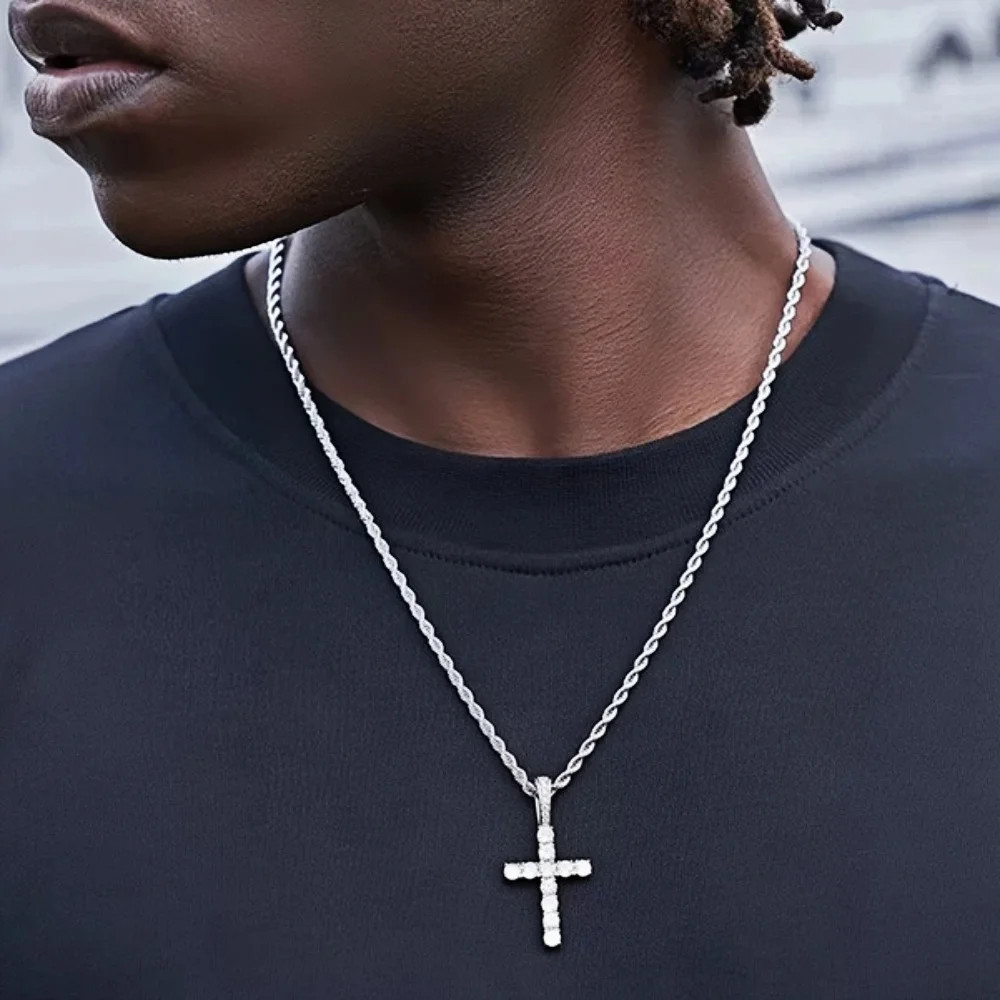 Hip Hop Stainless Steel Zircon Cross Pendant Necklace Retro Men Twist Chain Neck