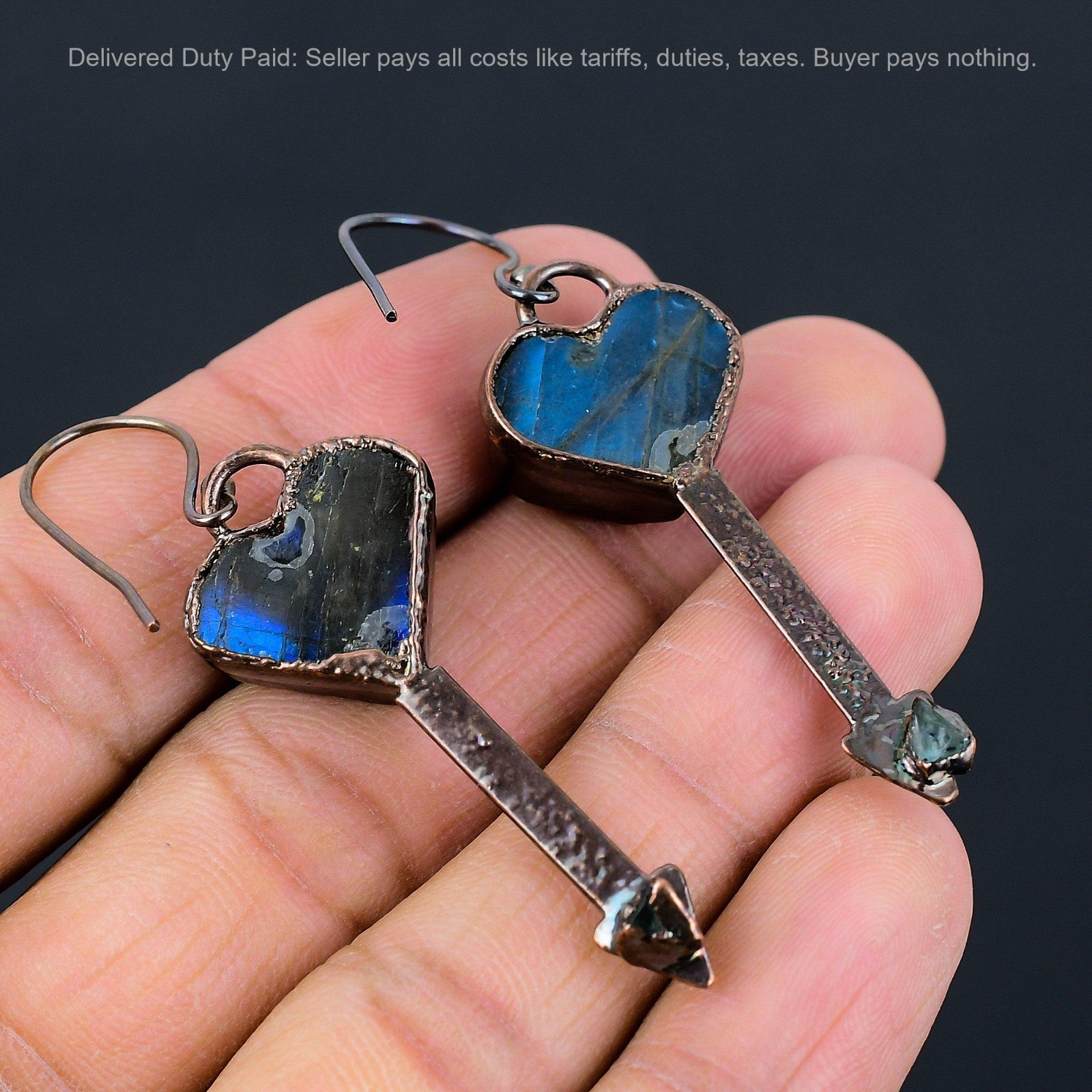 Copper Natural Labradorite Rough Dangle Electroformed Artisan Earrings Jewelry