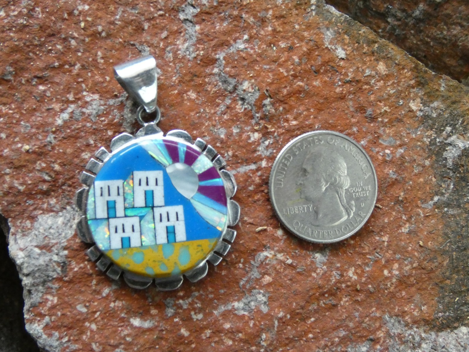 Southwestern Old Pueblo Gemstone Mix Sterling Silver Aluminum Alloy Pendant AT7
