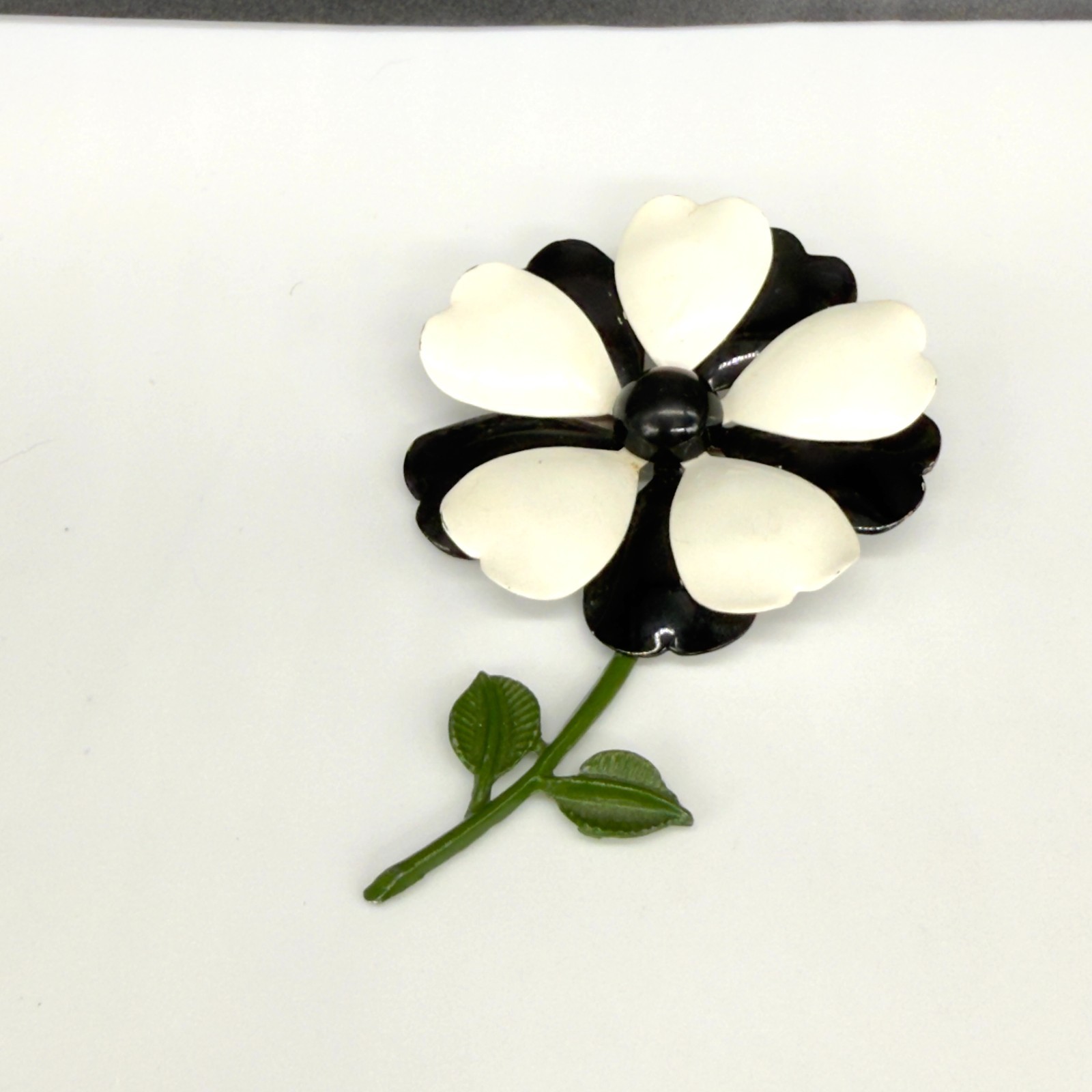 Vintage Enamel Flower Brooch Black White Green Stem 3.75 Inches
