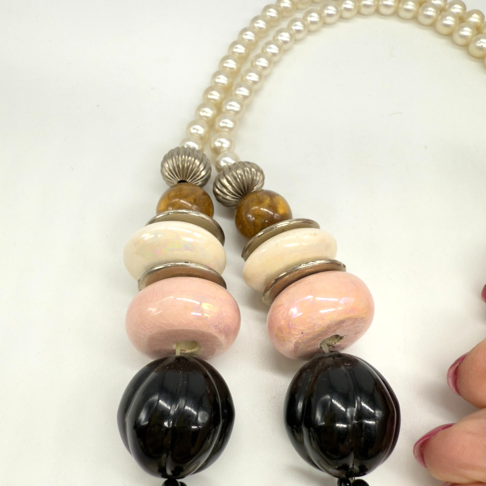 Vintage Necklace Chunky Acrylic Pink Black Cream Iridescent Pendant