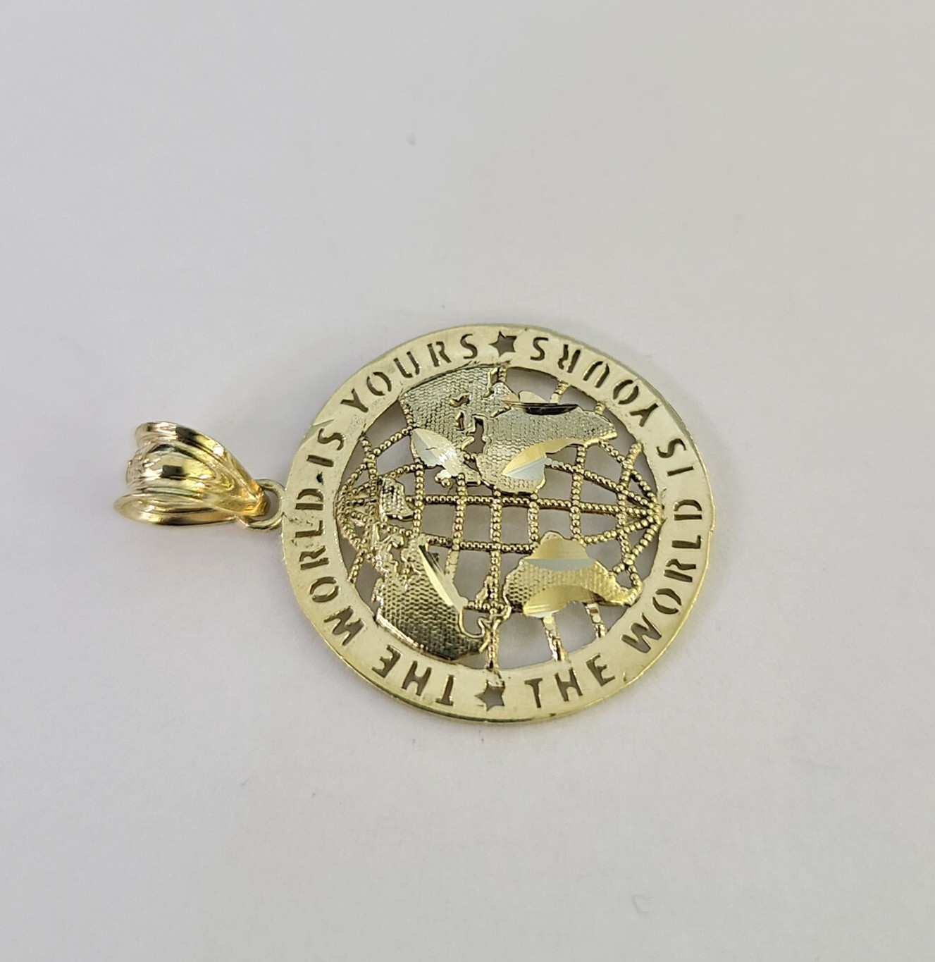 Real 10k The World is Yours Map Pendant Charm Yellow Gold Diamond Cut 10kt