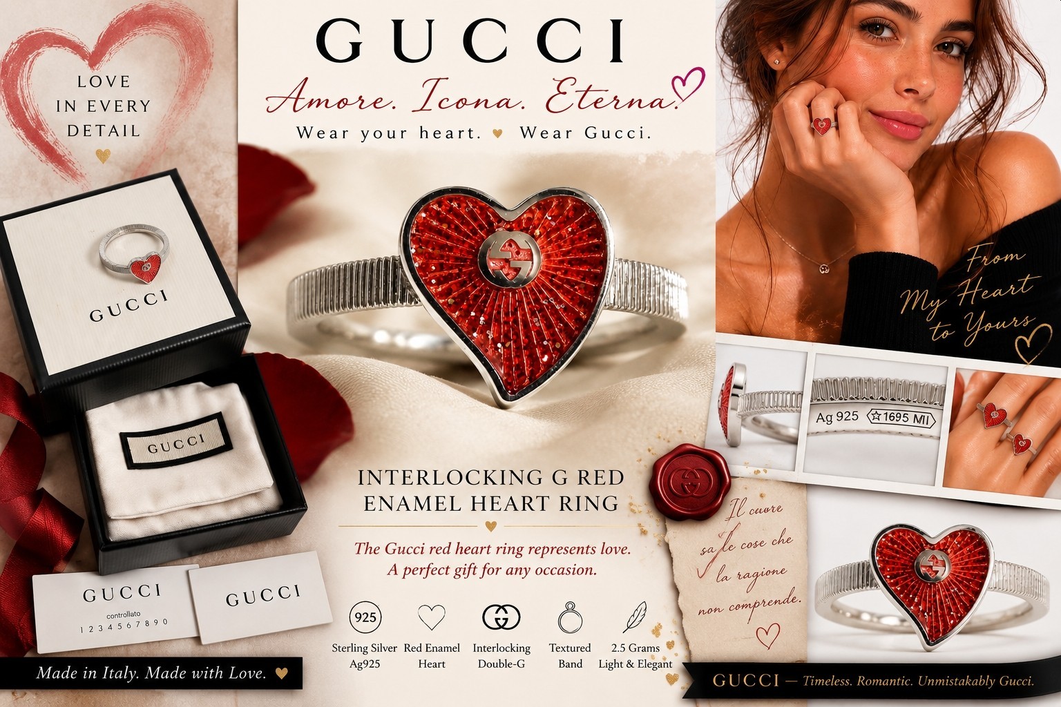 Gucci Sterling Silver Interlocking G Red Heart Enamel Ring sz7 NWT & Box $450