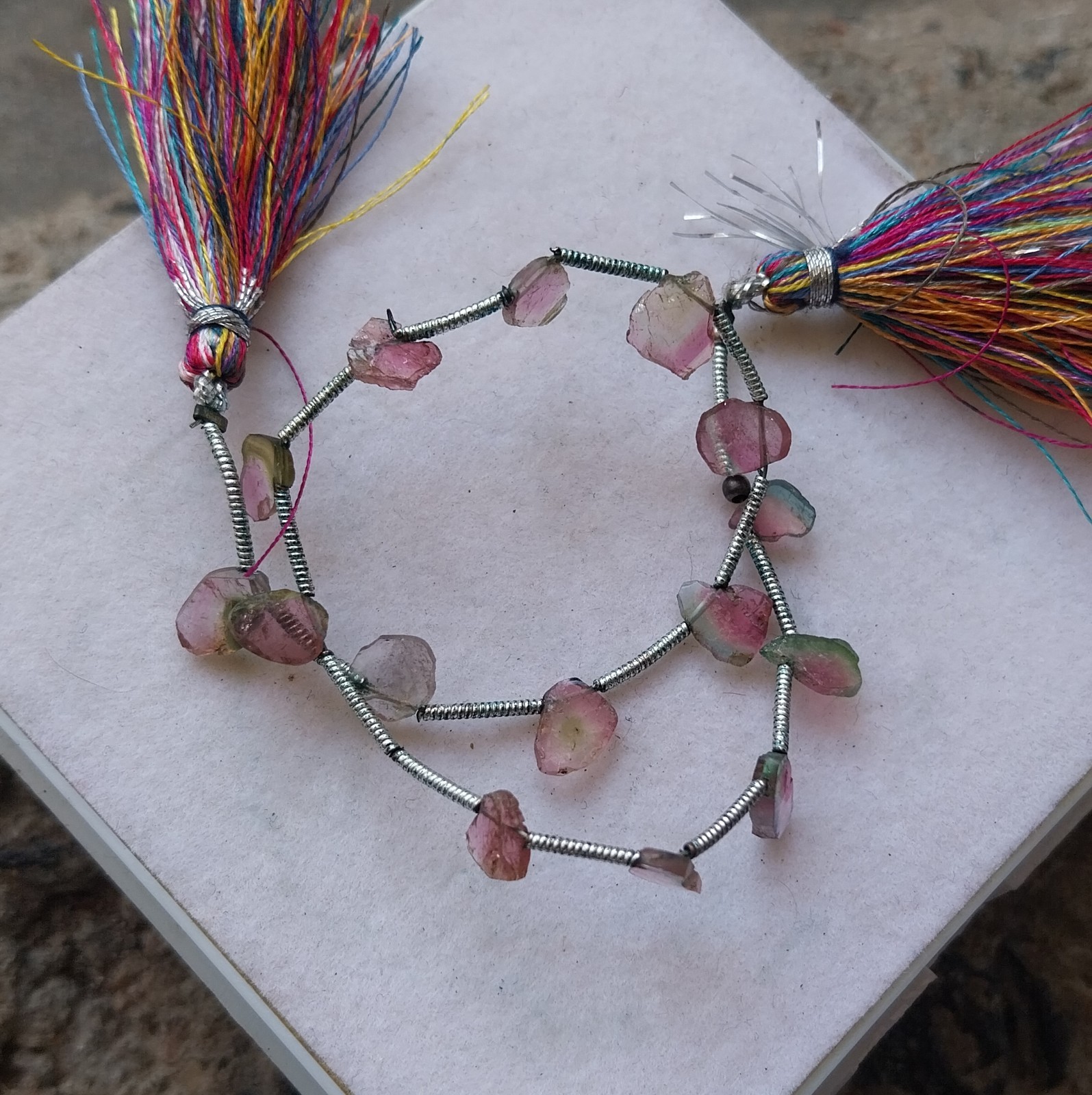 15 Carat Natural Watermelon Pink Bi-Color Tourmaline Slice 8 Inch Necklace