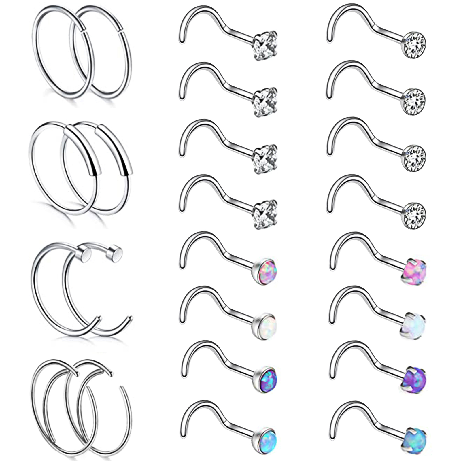 24Pcs 18G Stainless Steel Screw Nose Ring Nostril Piercing Jewelry Set Men Women