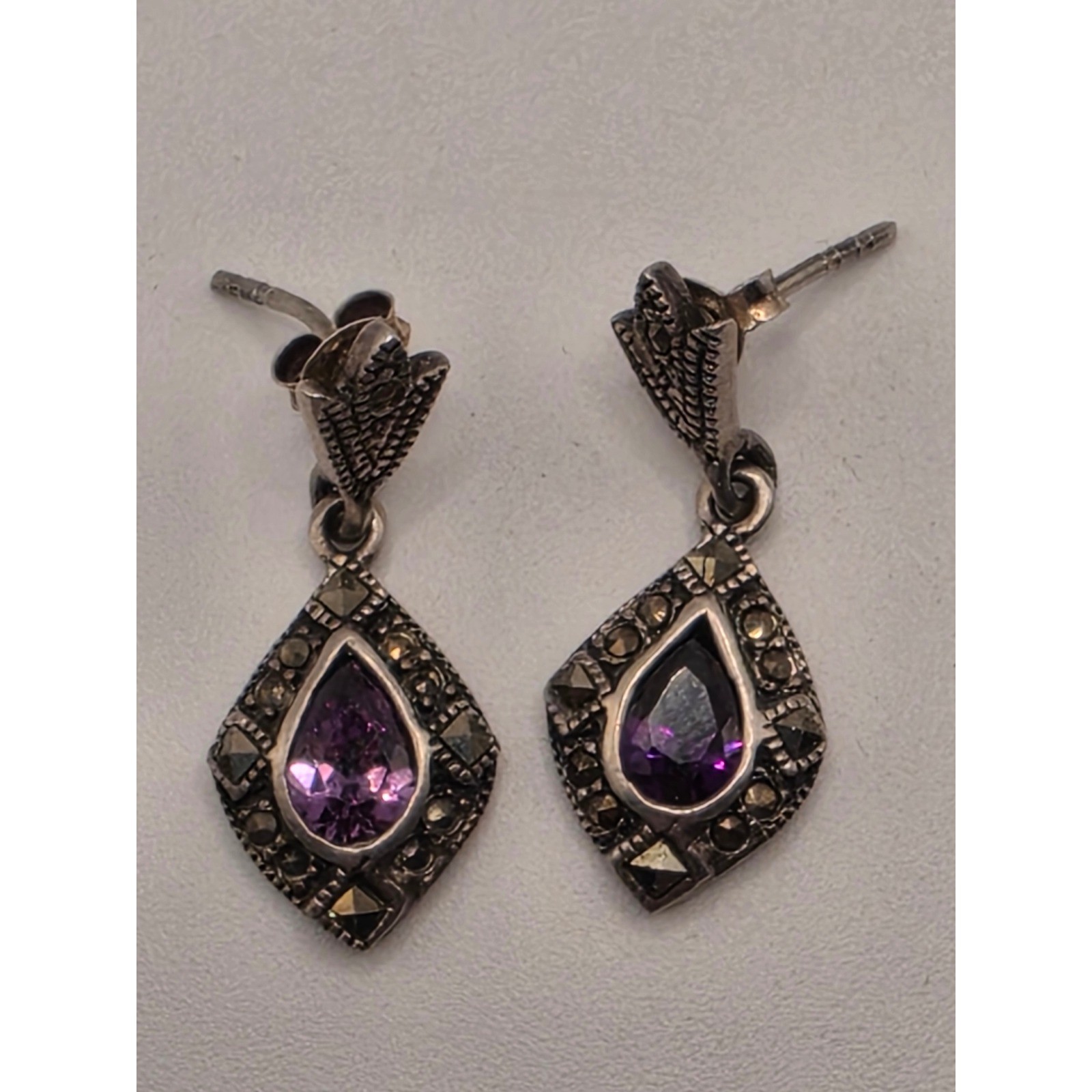 Vintage Sterling Silver Amethyst Marcasite Drop Earrings Art Deco Style 925