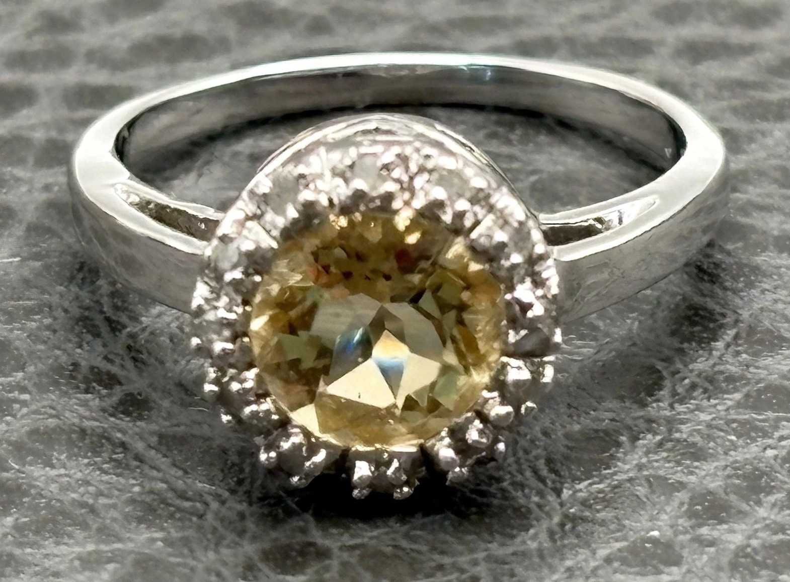 Silver Tone Faux Citrine CZ Halo Ring Heart Filigree Setting Size 7