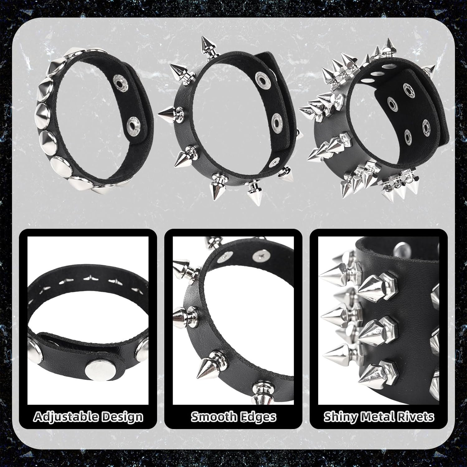Punk Rock Emo Gothic Leather Studded Bracelet Set 6PCS Spike Rivet Wristbands