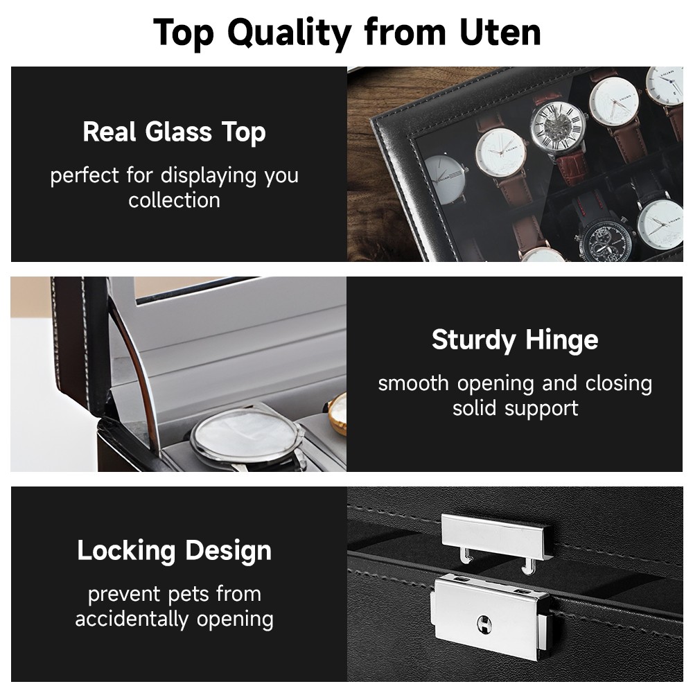 Mens Watch Box Display Case Storage Organiser PU Leather Holder Glass Top Gift