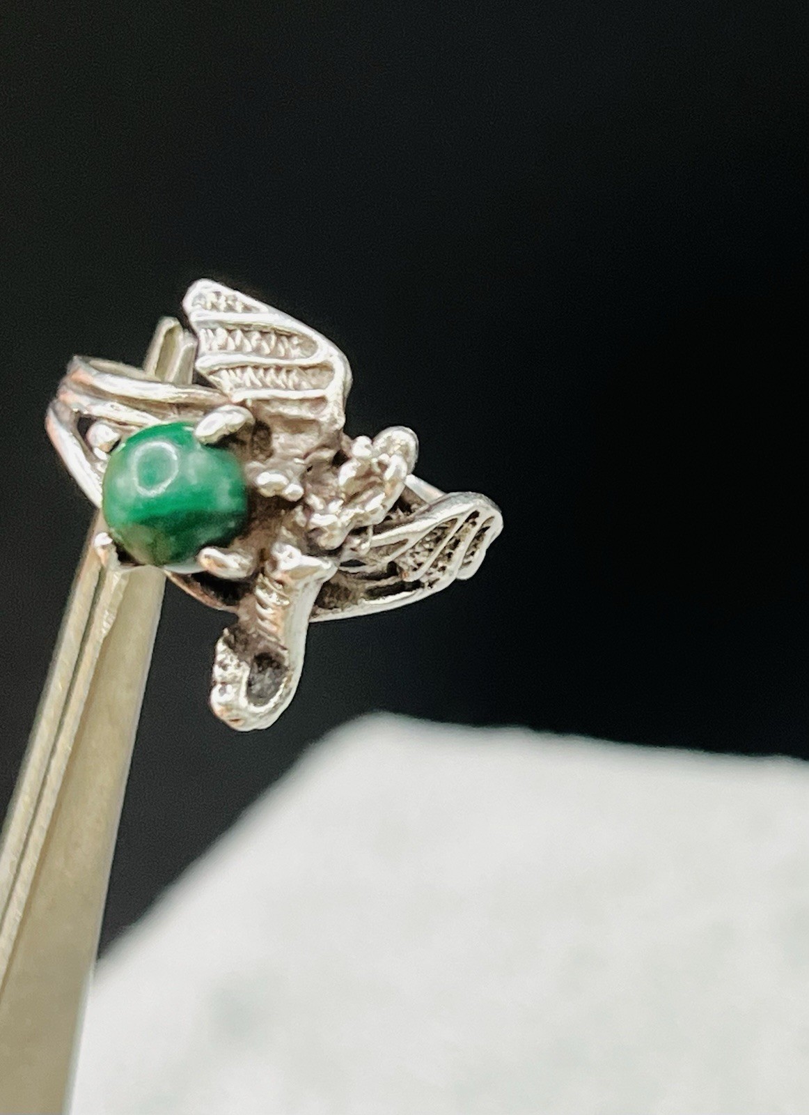 Sterling Silver 3-D Dragon Malachite In Talons Ring Fantasy Gothic Size 5.5