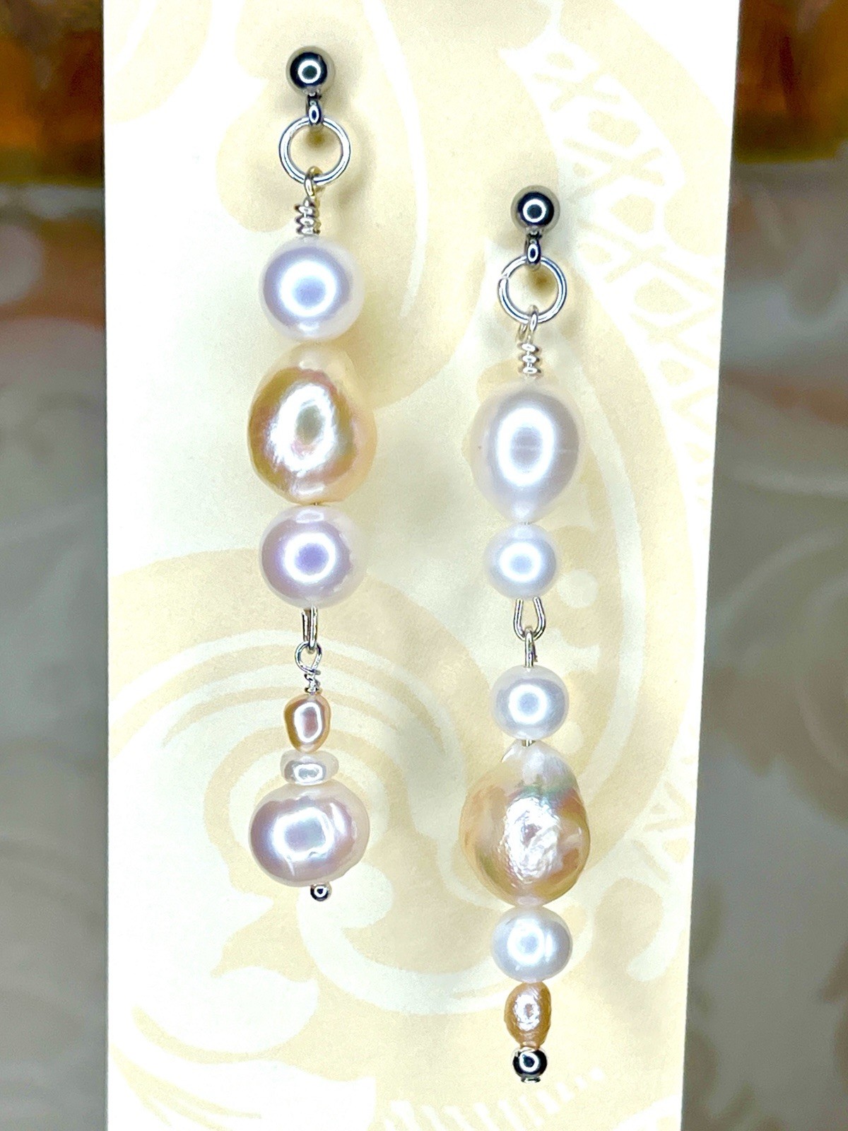 Asymmetric Eclectic Dangling Cream Champagne 12 mm Baroque Pearl Earrings