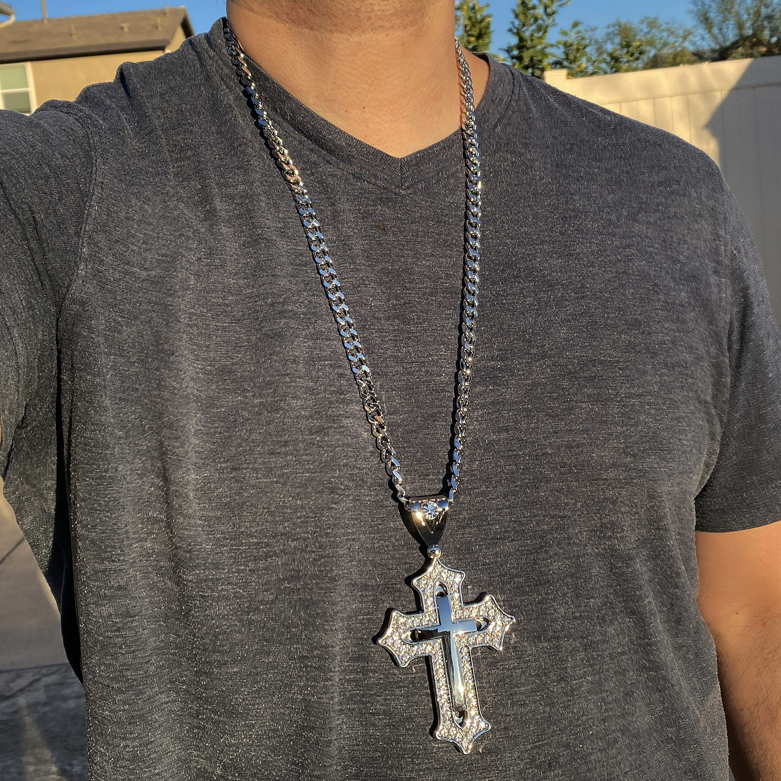 Huge Open Cross Iced Flooded Out CZ Silver Tone Cuban Link Hip Hop Chain 30″