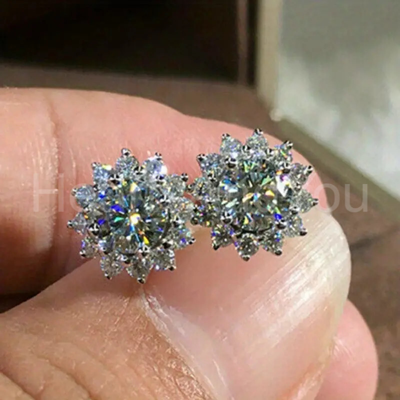 3ct Round Cut Moissanite Floral Halo Stud Earrings 14K White Gold Plated