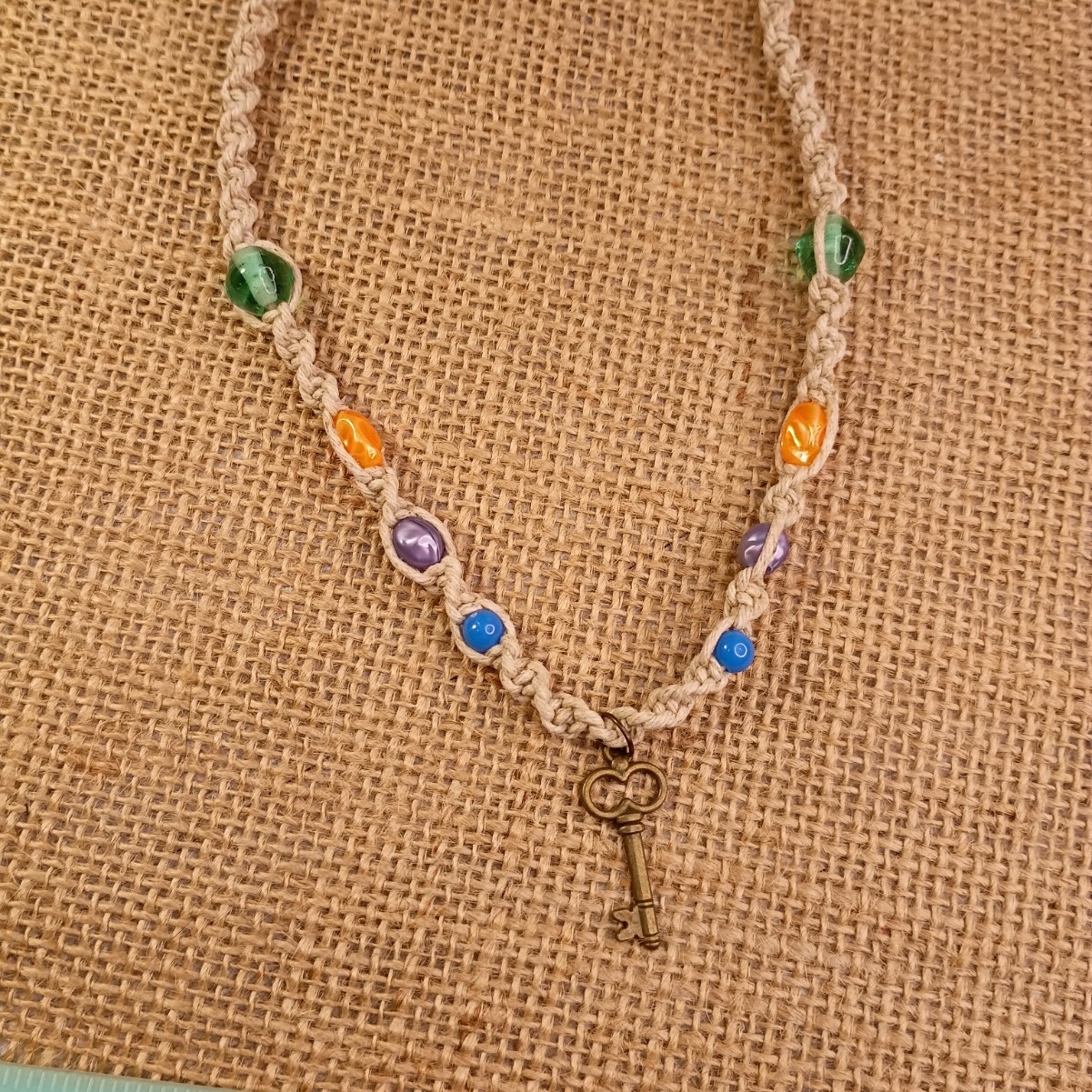New Natural Hemp Necklace W/ Key Charm & Mixed Beads 16-20 in Macrame, Handmade
