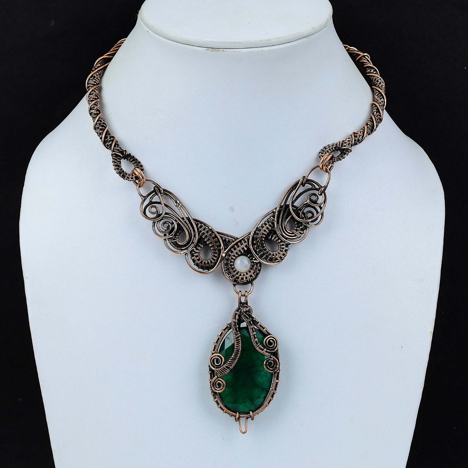 Faceted Zambian Emrald Necklace Copper Jewelry Wire Wrapped Chain Necklace 18.0″
