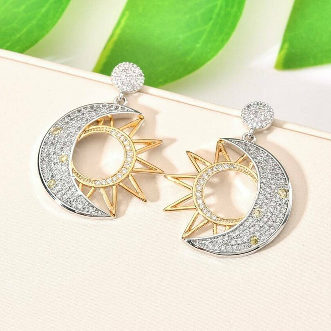 Lovely Round Cut Simulated Diamond Moon Sun Drop Earrings 14K Yellow Gold Plated