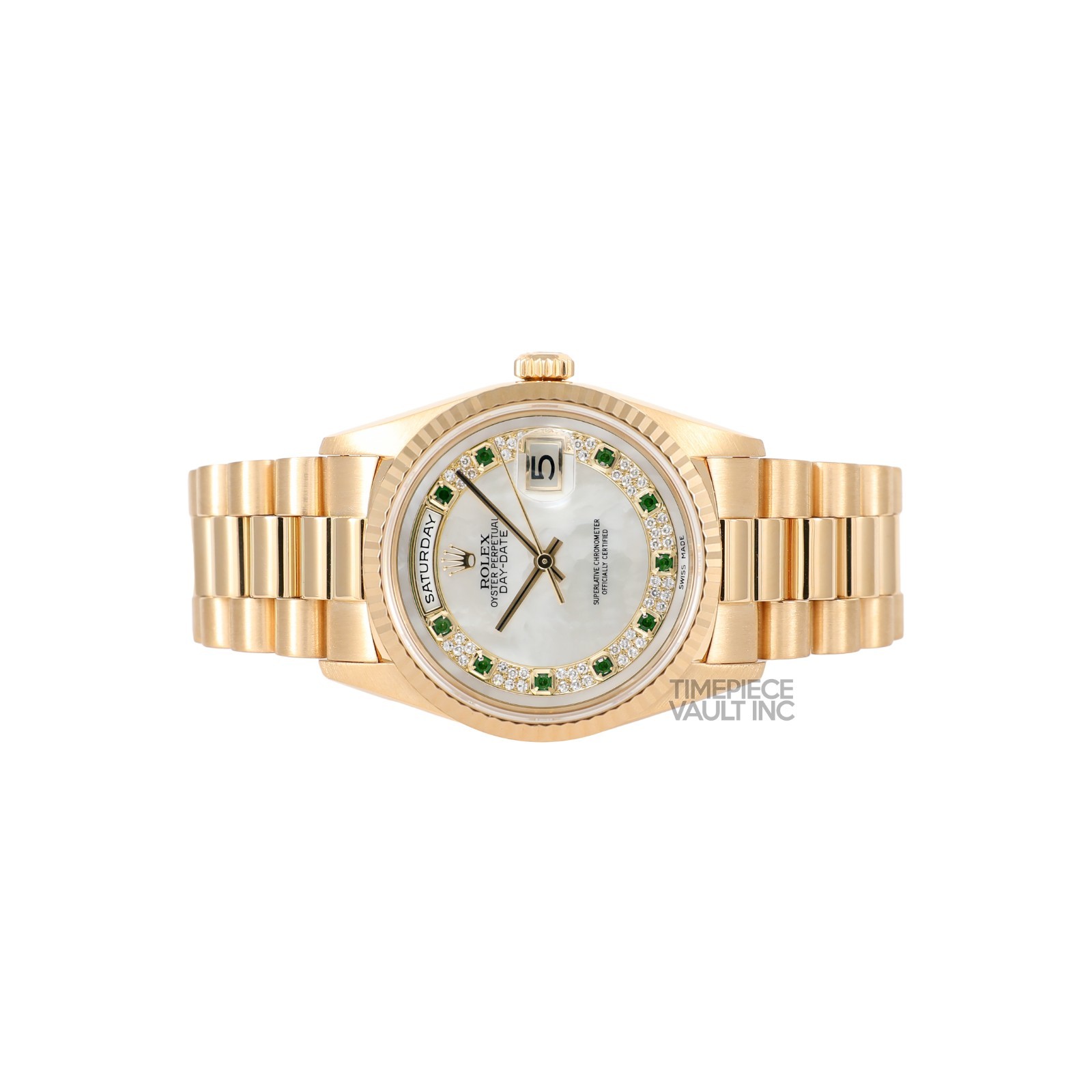 Rolex Day-Date 18k Yellow Gold 18238 36mm White MOP Diamond Pave Emerald Dial