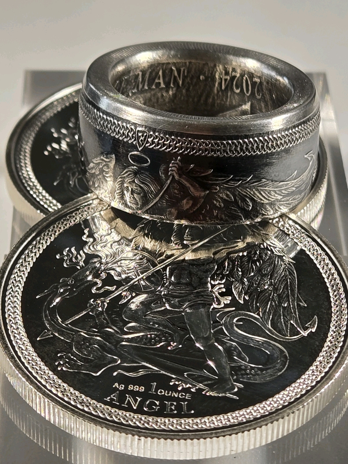 Isle Of Man Angel .999 Silver Coin Ring Angel Michael Slay Evil U Pick Sz 9-13