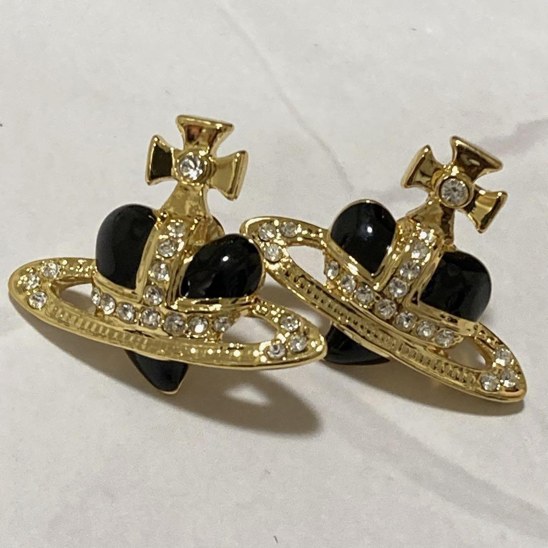 Vivienne Westwood Earrings Pierce Diamante Heart Gold Black 2.5 cm w/drawstring