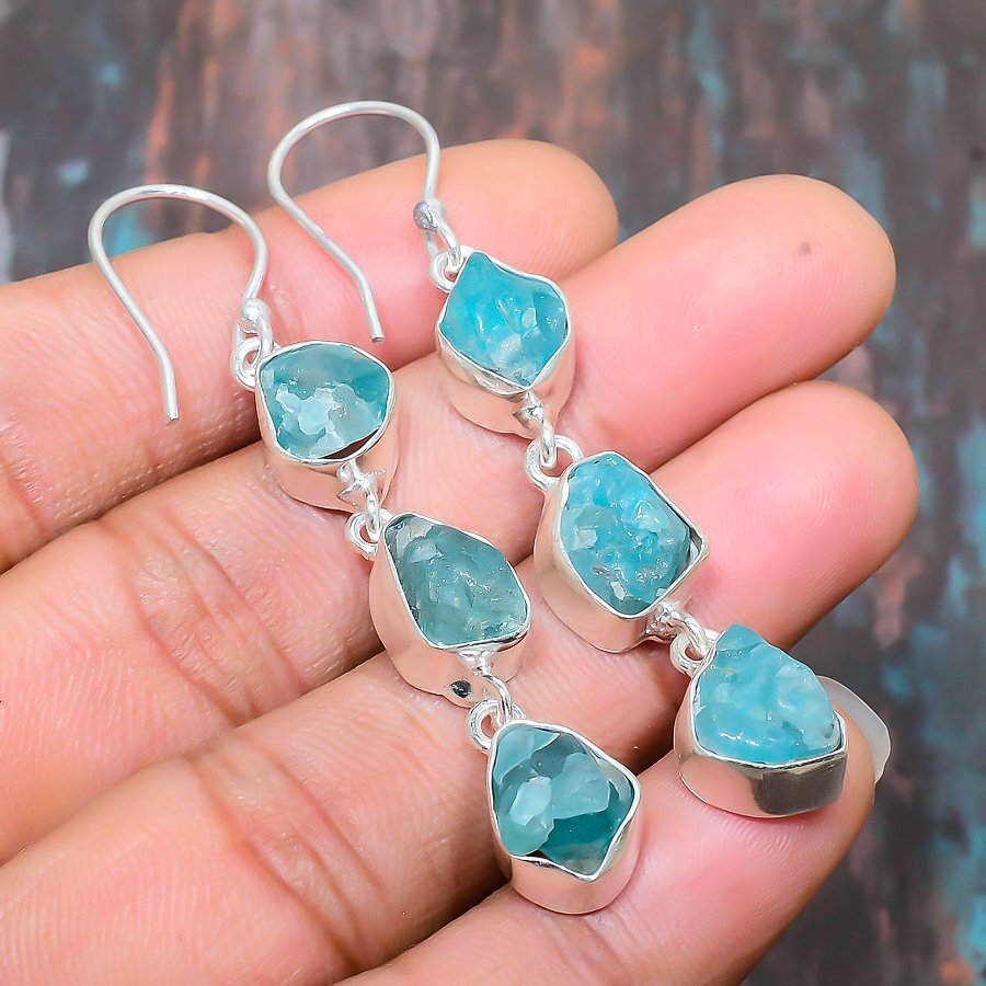 Apatite Rough Gemstone Handmade Jewelry Earring 2.56″ d464