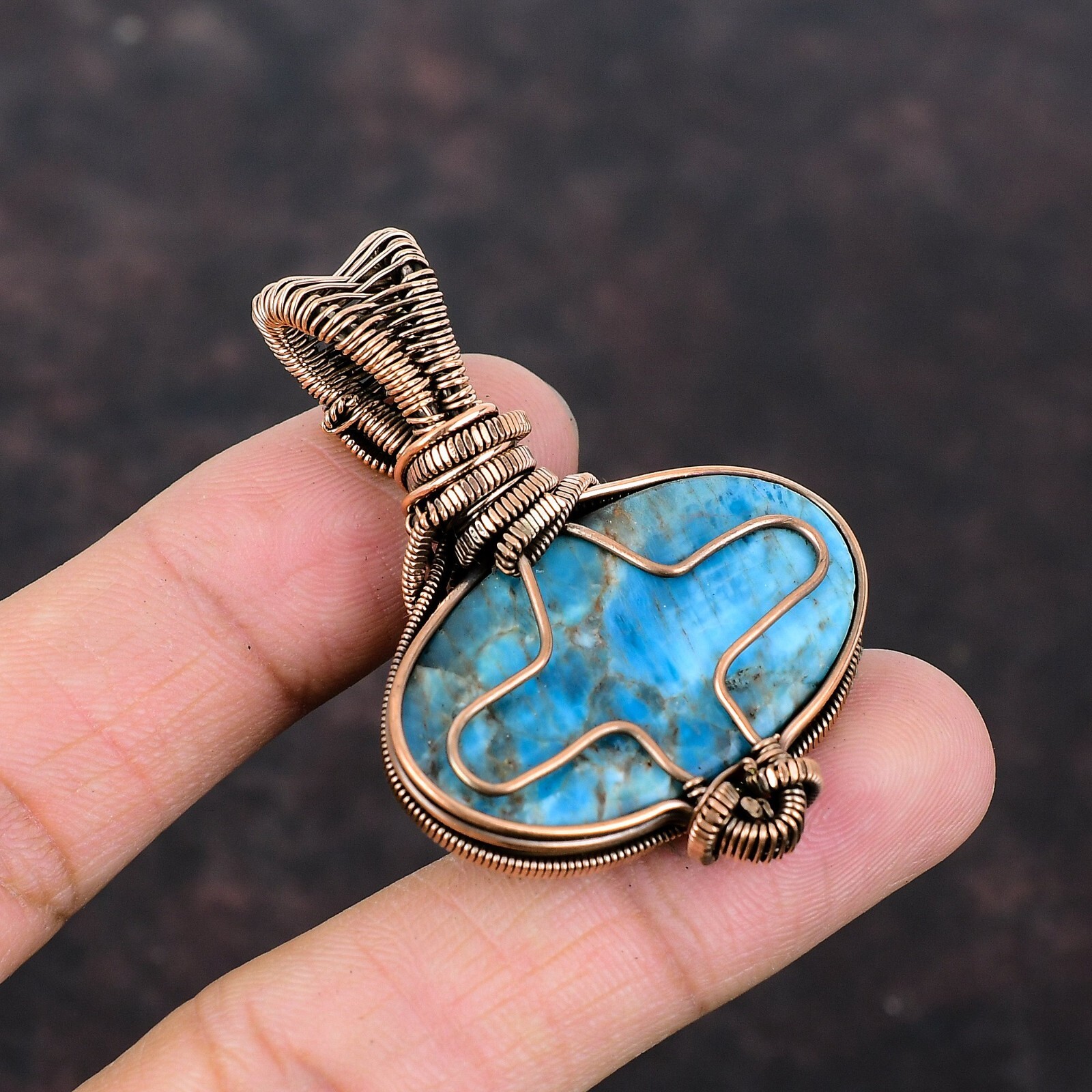 Anniversary Gift For Her Neon Apatite Wire Wrapped Pendant Copper Jewelry 2.13″
