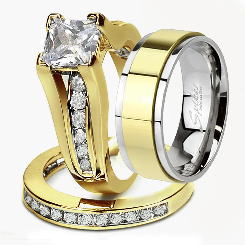 His & Hers 3Pcs Stainless Steel 14k Gold Plated Matching Wedding Ring Band Set