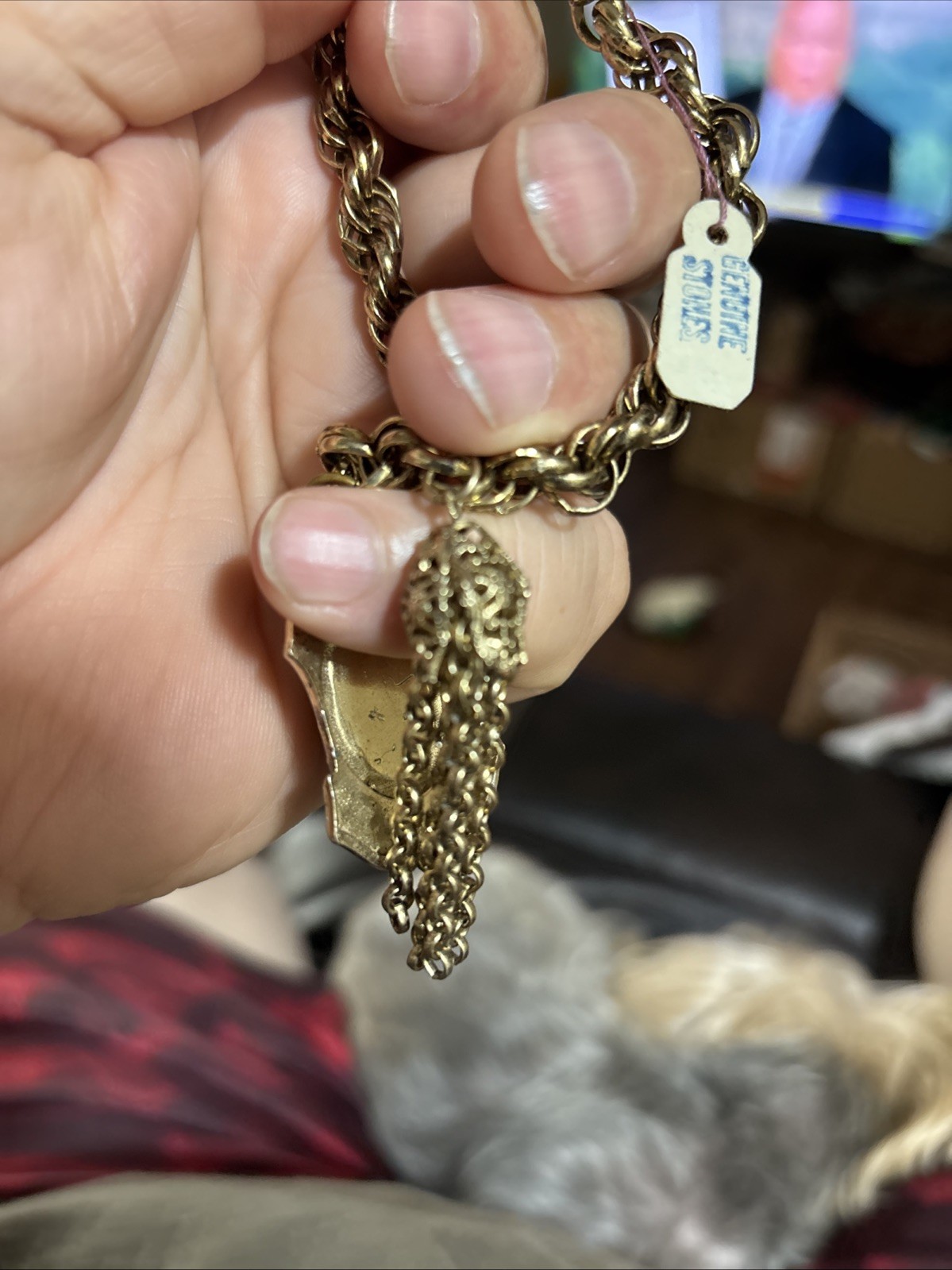 VINTAGE Gold Color Bracelet with Stone & Chain Hanging Charms 7” Long NICE