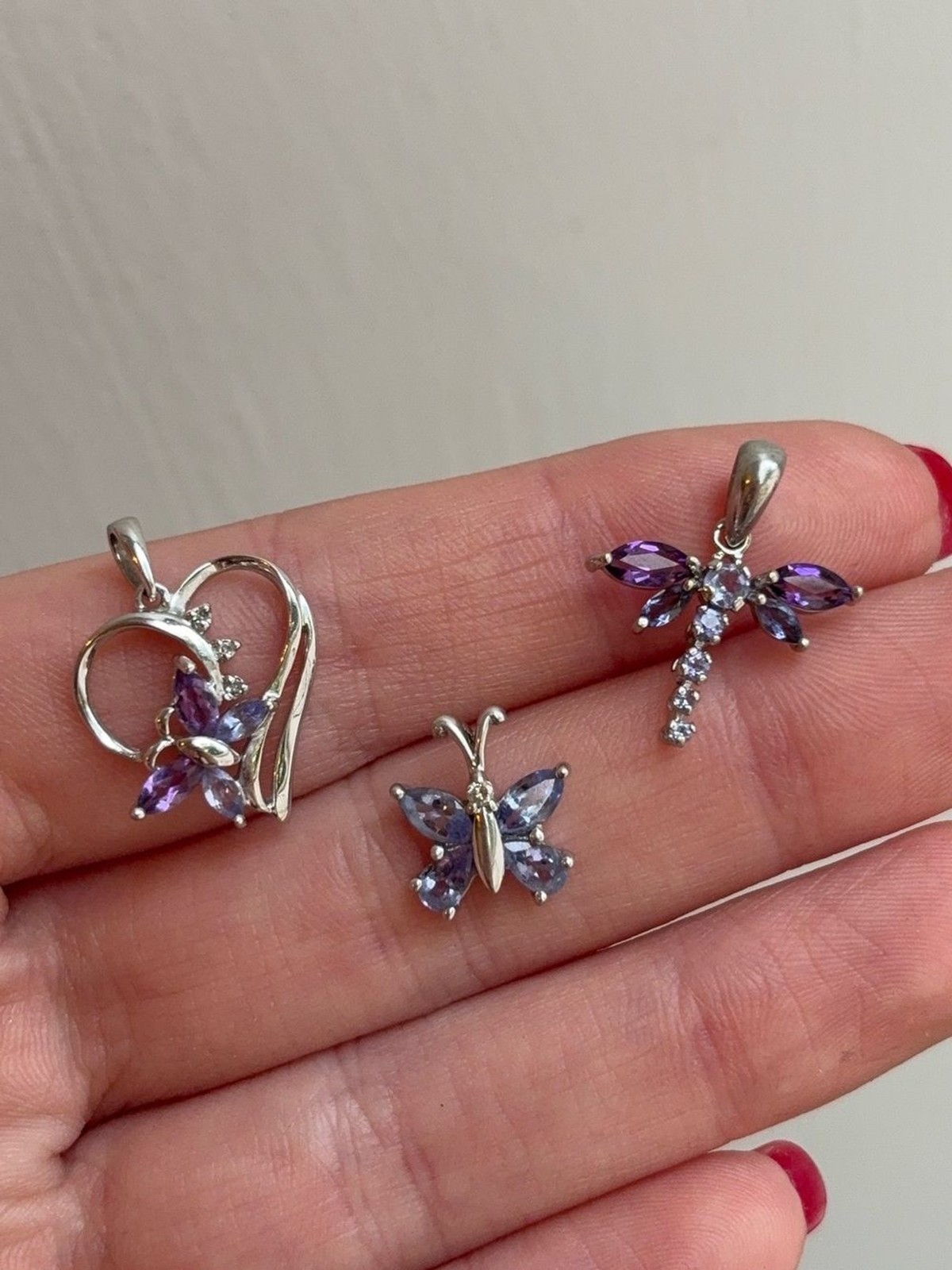 10k White Gold Diamond Tanzanite Amethyst Gemstone Butterfly Heart Pendant Charm