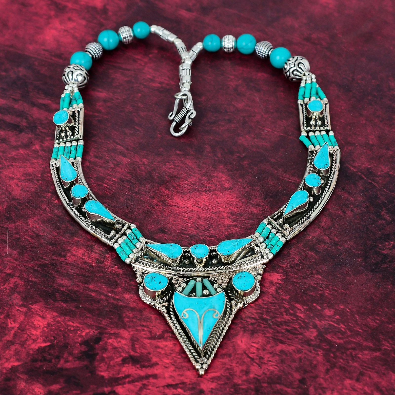Blue Turquoise Gemstone Handmade 925 Streling Silver Designer Nepali Necklace