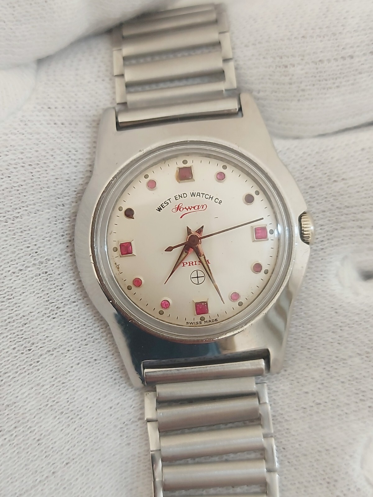 West end Sowar Prima Watch Hand Wind White Red Ruby Fitted Dial 34 mm Men Swiss