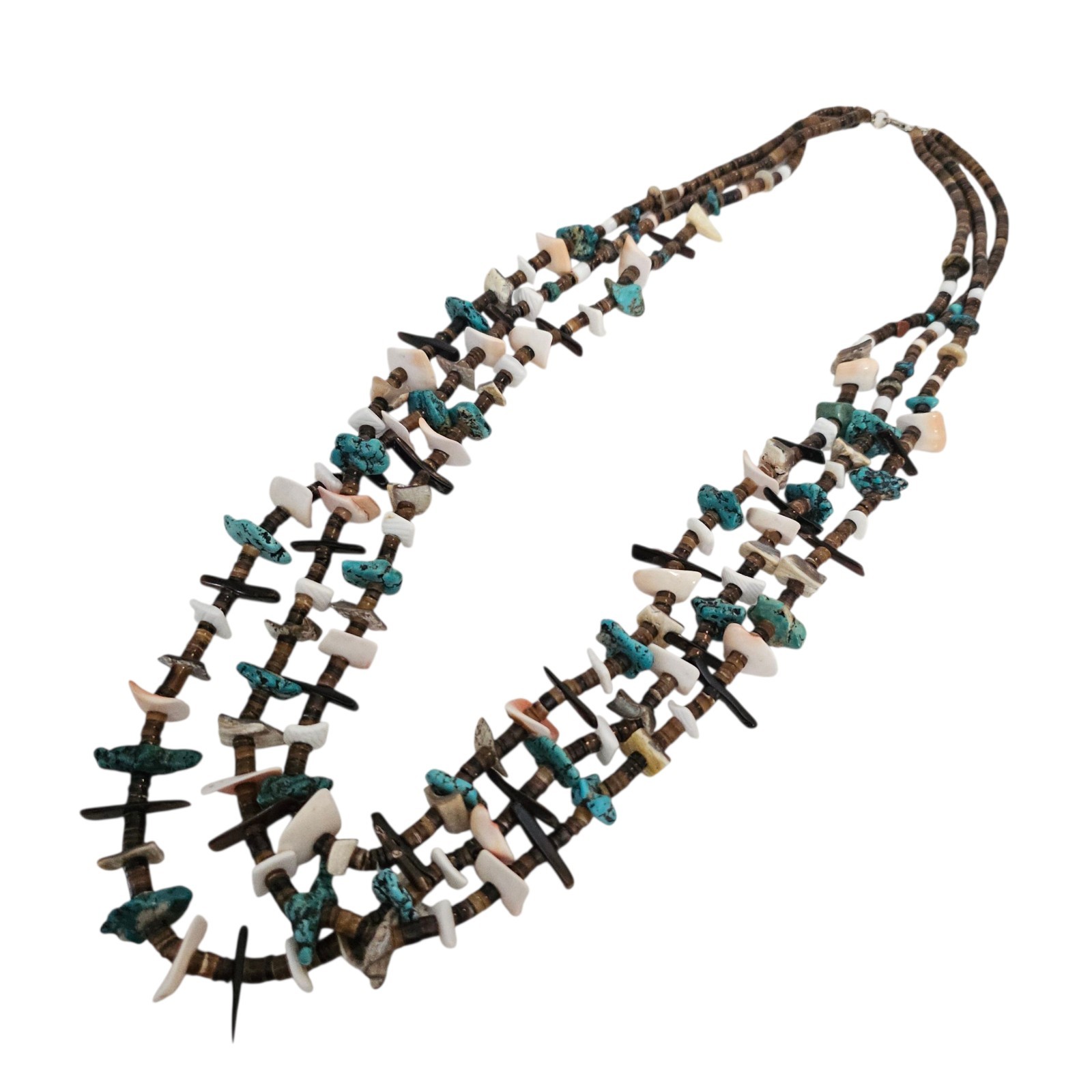Santo Domingo Native American 3 strand Turquoise Shell Tab Necklace 32 In