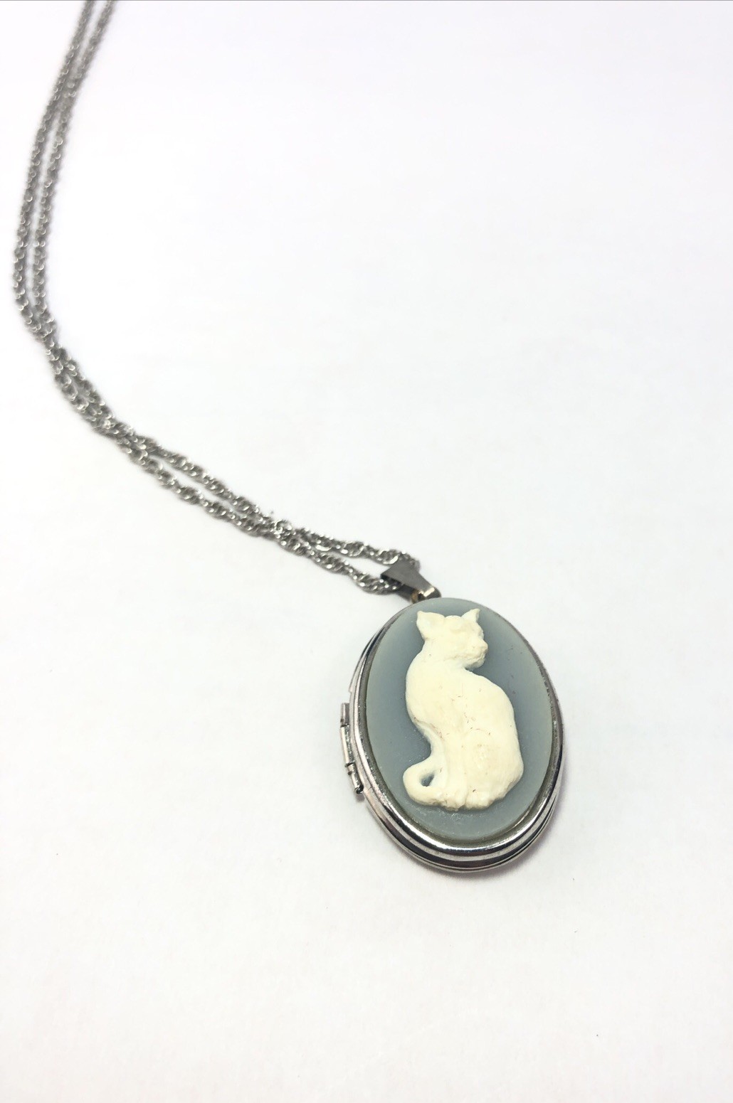 Cat Cameo Photo Locket Necklace- White/Wedgwood Blue, 20” Silver Tone Chain.