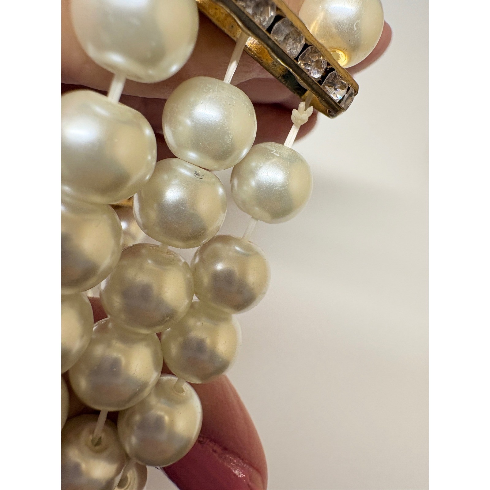 Triple Strand Faux Pearl Stretch Bracelet Gold Tone Rhinestone Cream White