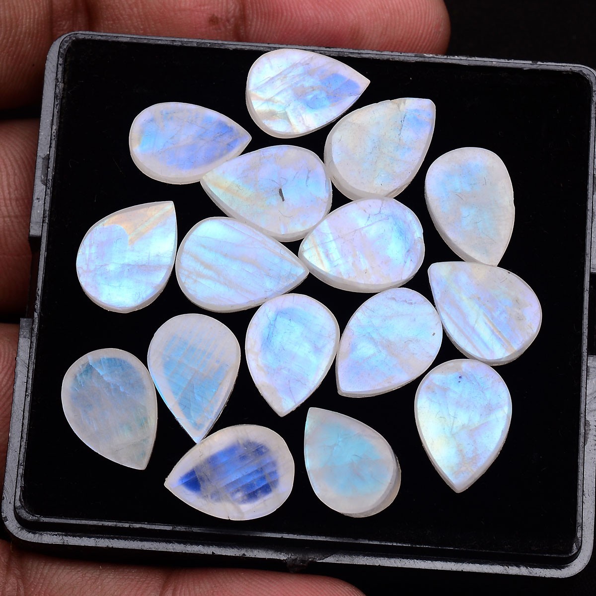 Set 16 Pcs Natural Moonstone Blue Shine 13.25mm-14.50mm Pear Cabochon Gemstones