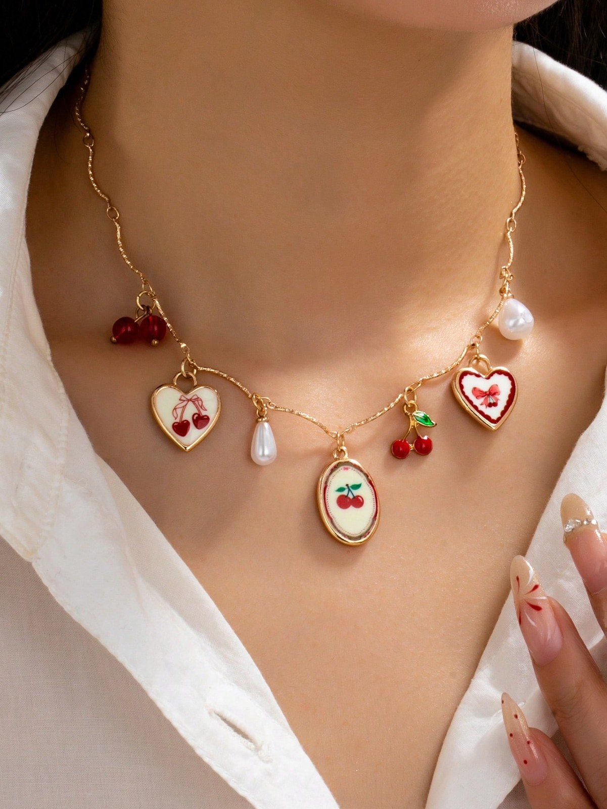 Cute Cherry Charm Necklace Gold Tone Y2K Coquette Pearl Heart Pendant Necklace