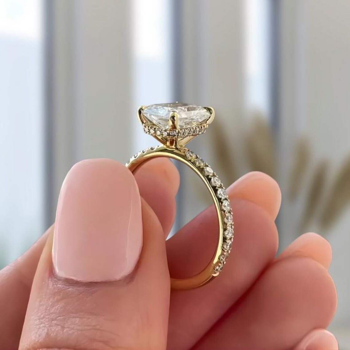Emerald Cut Solitaire Moissanite Hidden Halo Engagement Ring For Women In 14Kt