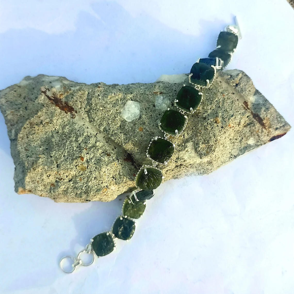 Real Moldavite Bracelet Czech Moldavite Bracelet 925 Sterling Silver Bracelet