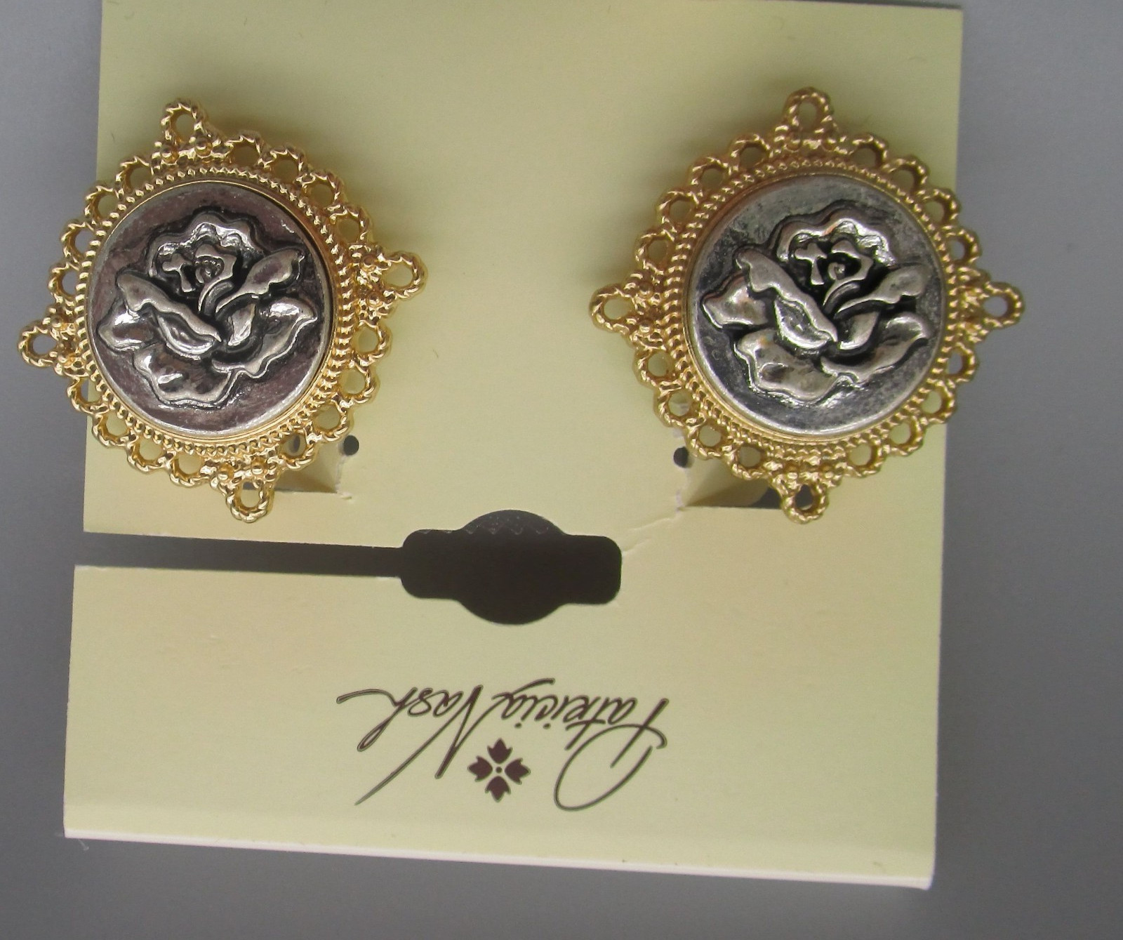 PATRICIA NASH~Matte Gold/Silver Ox Carved Metal Rose Clip-On Earrings