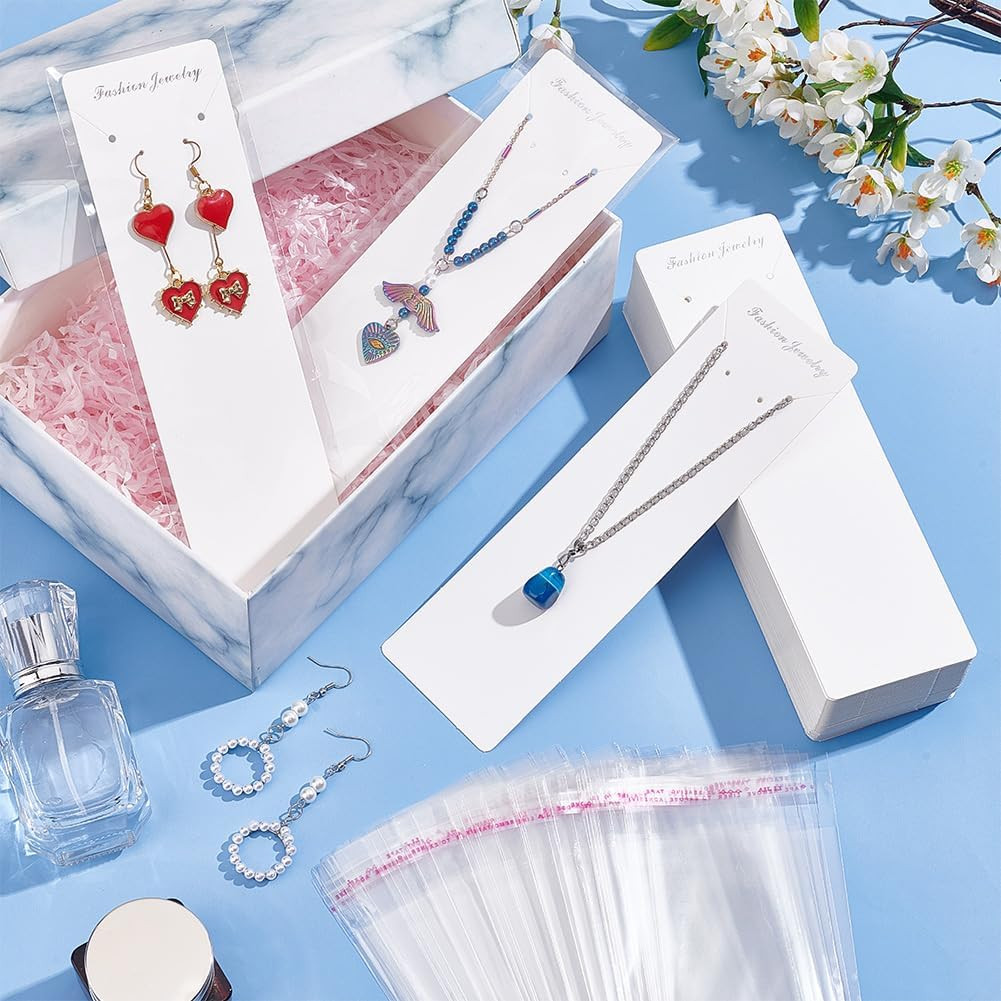 100Pcs Long Necklace Display Cards with 100Pcs Clear Self Adhesive Bags, 8X2.3 I