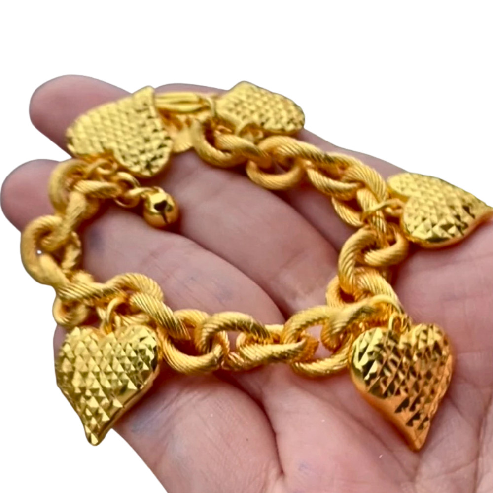Bracelet Rope Chain 24K Gold Plated Heart Charm 5 Baht 6.5-8.5 in Jewelry Women