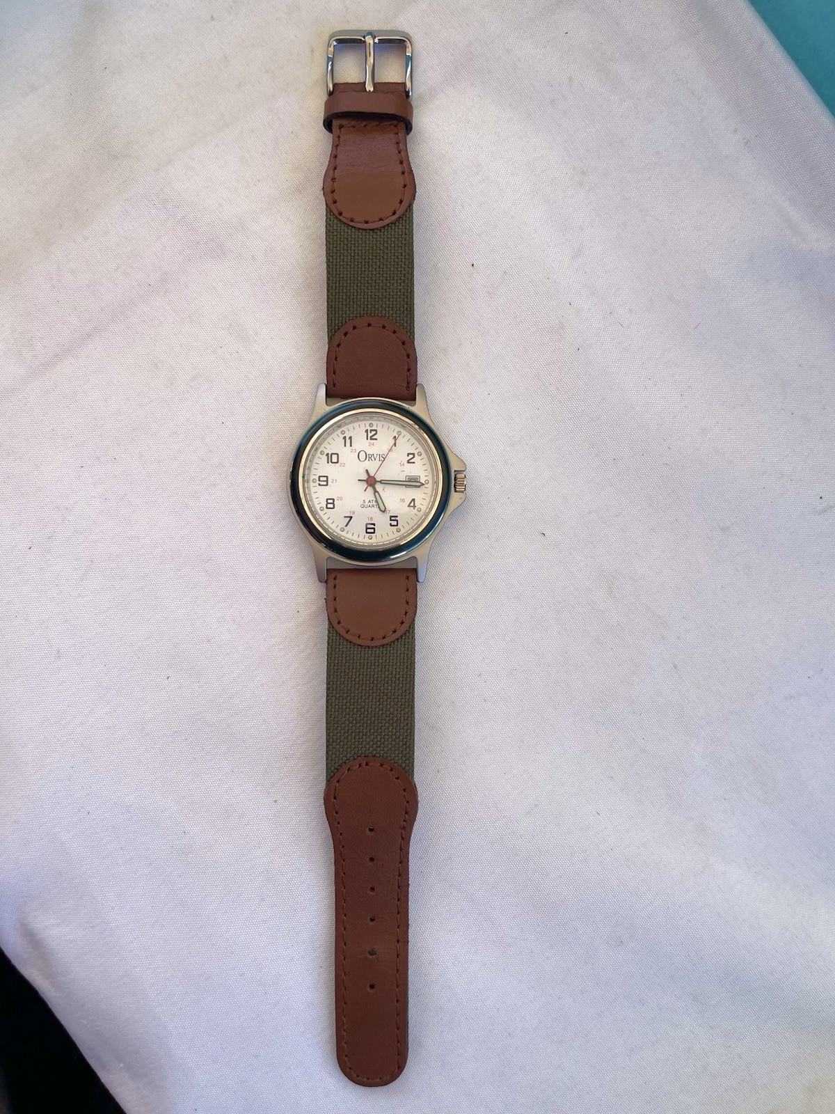 Vintage Orvis 37mm Mens Field Watch Date Black Bezel Olive Green Nylon Strap