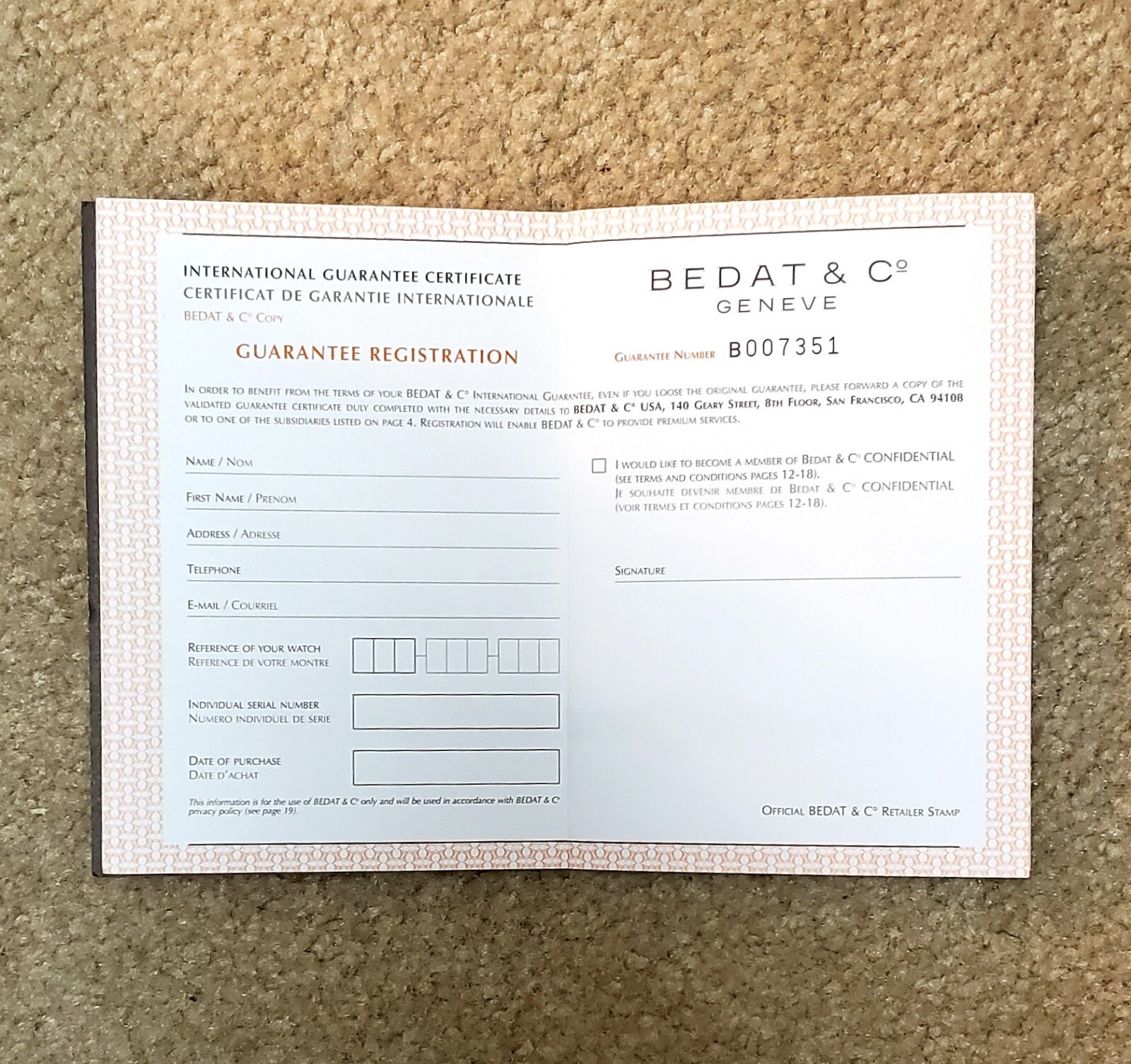 Authentic BEDAT & CO – Blank Unused Watch 5 Year Warranty/Guarantee Certificate