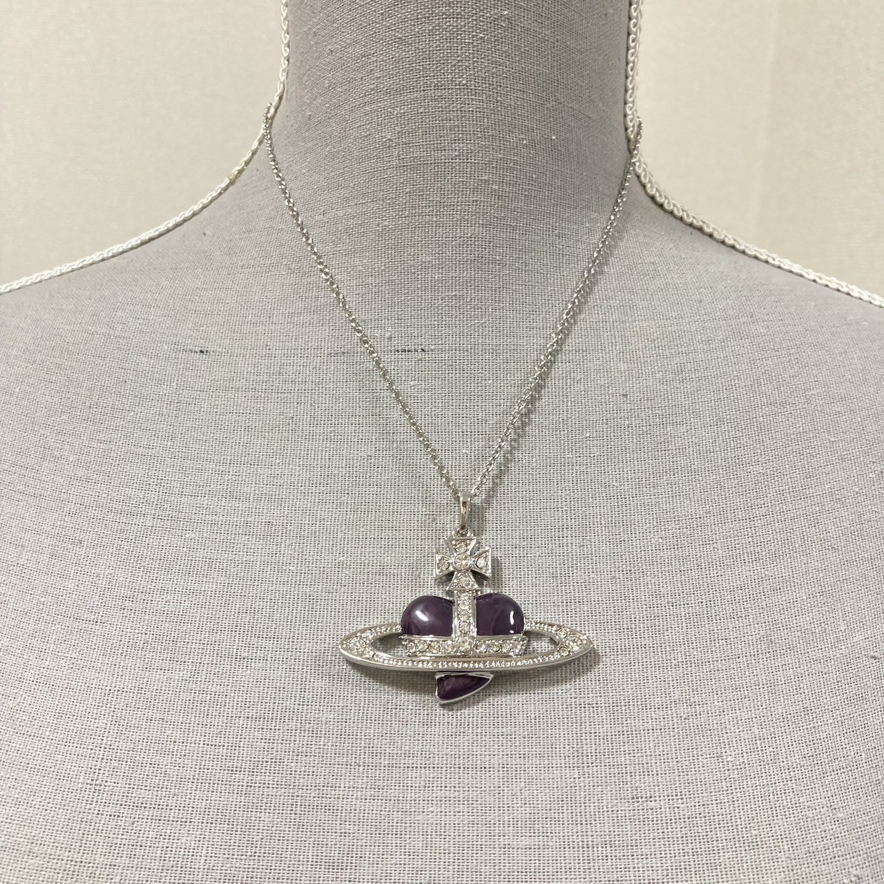 Vivienne Westwood Necklace Diamante Heart Orb Large Silver Purple w/Pouch NO BOX